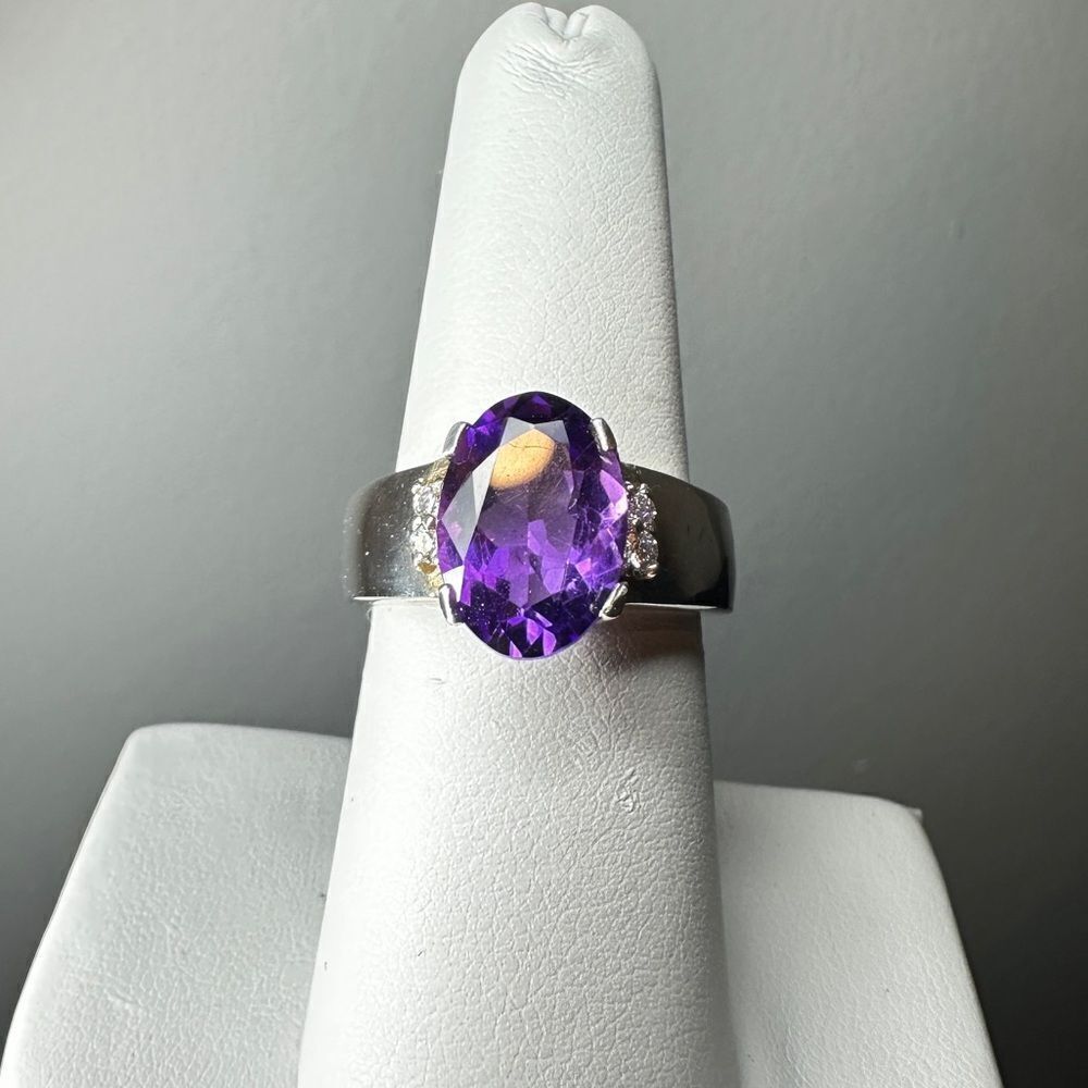 12x9mm genuine amethyst with diamond accents, sterling silver ring!